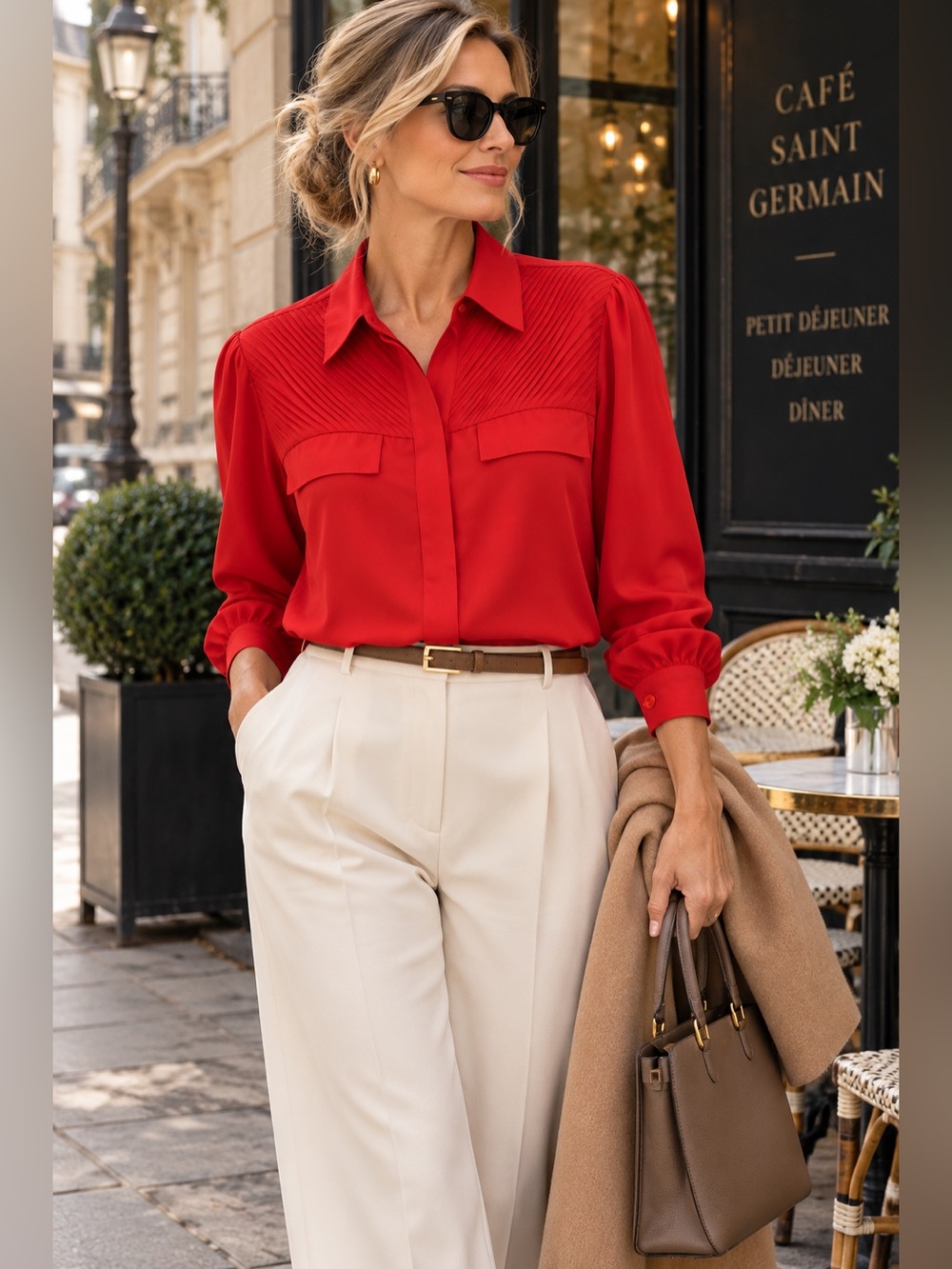 Vintage 90’s Women's Red Pintuck Yoke Button-Down Blouse